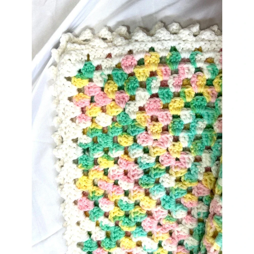 Handmade Crochet Baby Blanket Granny Square Pastel Pink Yellow Green 42x42 New